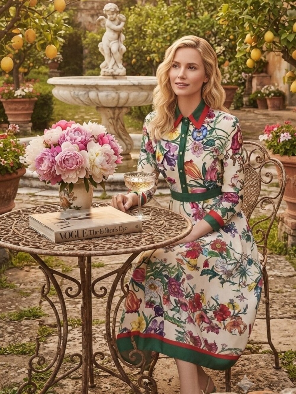 Gucci Inspired Floral Midi Dress with Green Trim | Loud Luxury | Size M